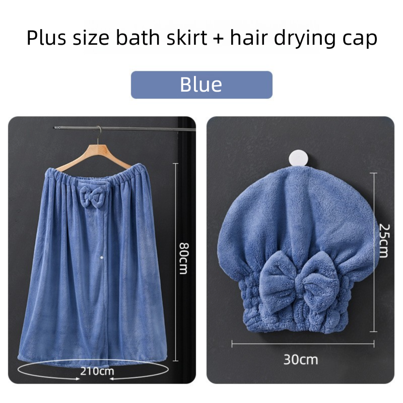 Blue Plus Size Bath Wrap Dress with Adjustable Elastic Waist and Bow Detail – Soft Absorbent Towel Robe for Post-Shower Comfort