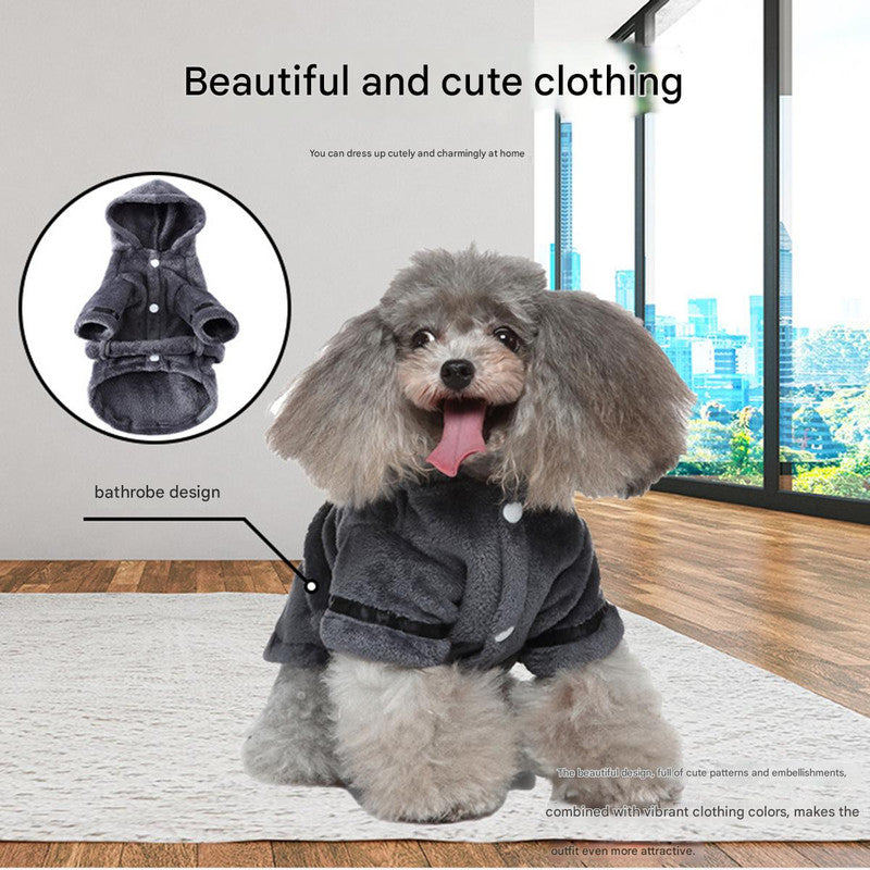 Grey Cozy Pet Bathrobe Sleepwear – Plush Fleece Dog Robe with Hood and Adjustable Waistband for Small to Medium Breeds(Size:L)