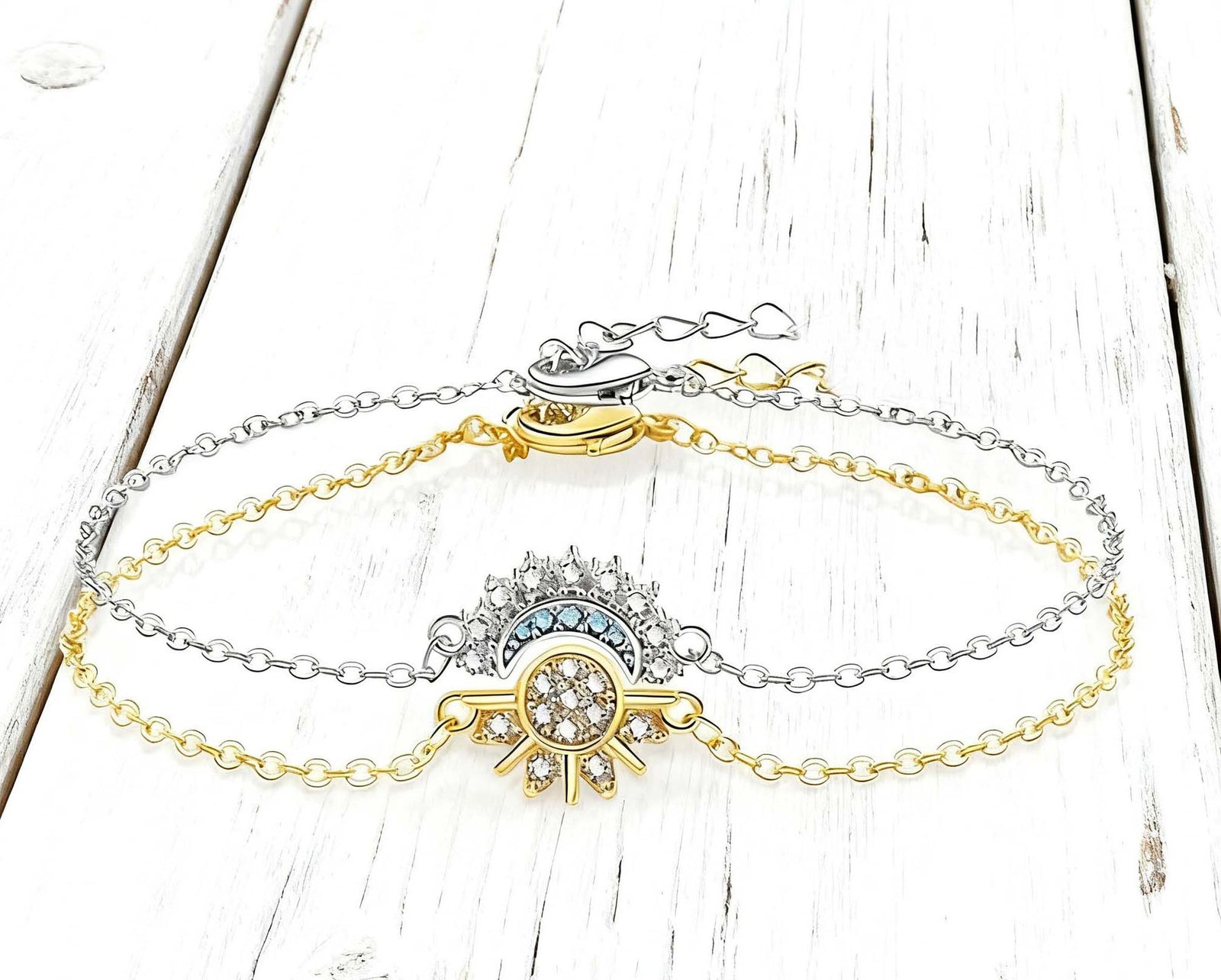 Sun and Moon Friendship Jewelry Set – 6-Piece Matching Ring, Necklace & Bracelet Duo for Best Friends in Gold and Silver Tone with Cubic Zirconia
