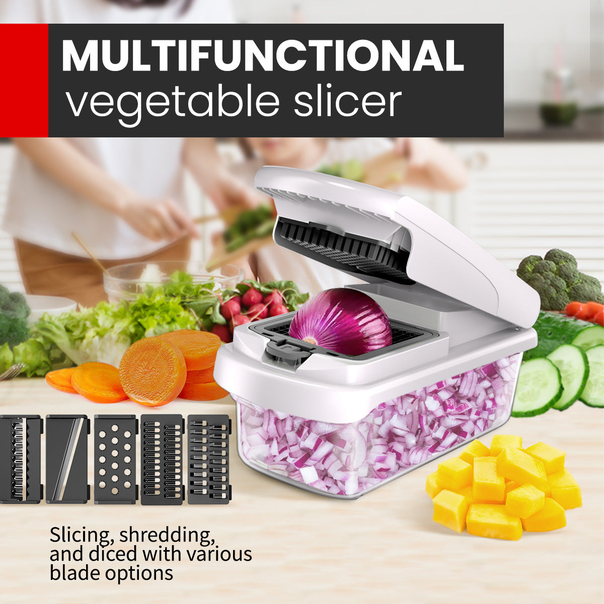 White Multifunctional Vegetable Slicer – Manual Kitchen Cutter with Adjustable Blades for Slicing, Dicing, Shredding, Garlic Grinding, and Egg White Separation