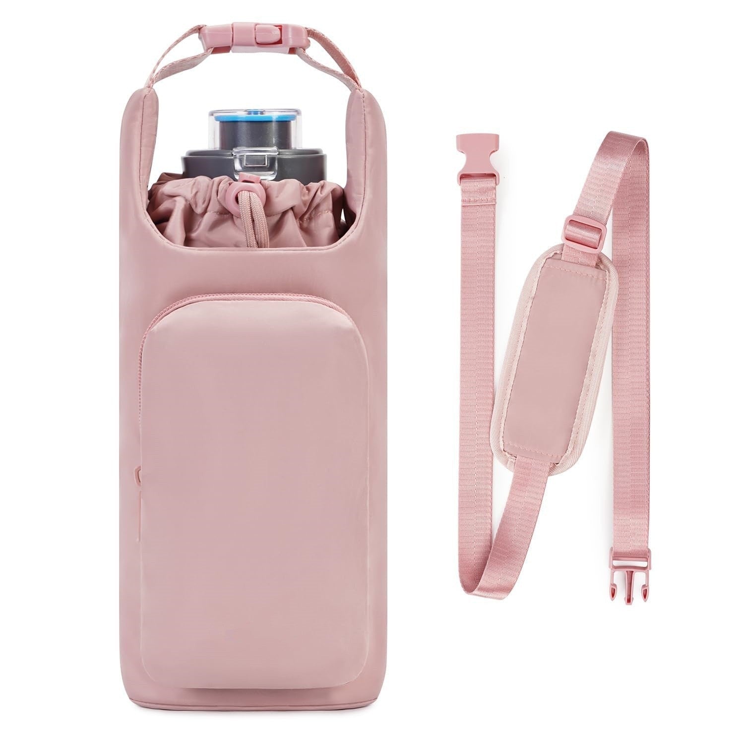 Pink Insulated Water Bottle Carrier with Shoulder Strap – Portable Sleeve for Large Bottles, Featuring Front Pocket and Key Hook