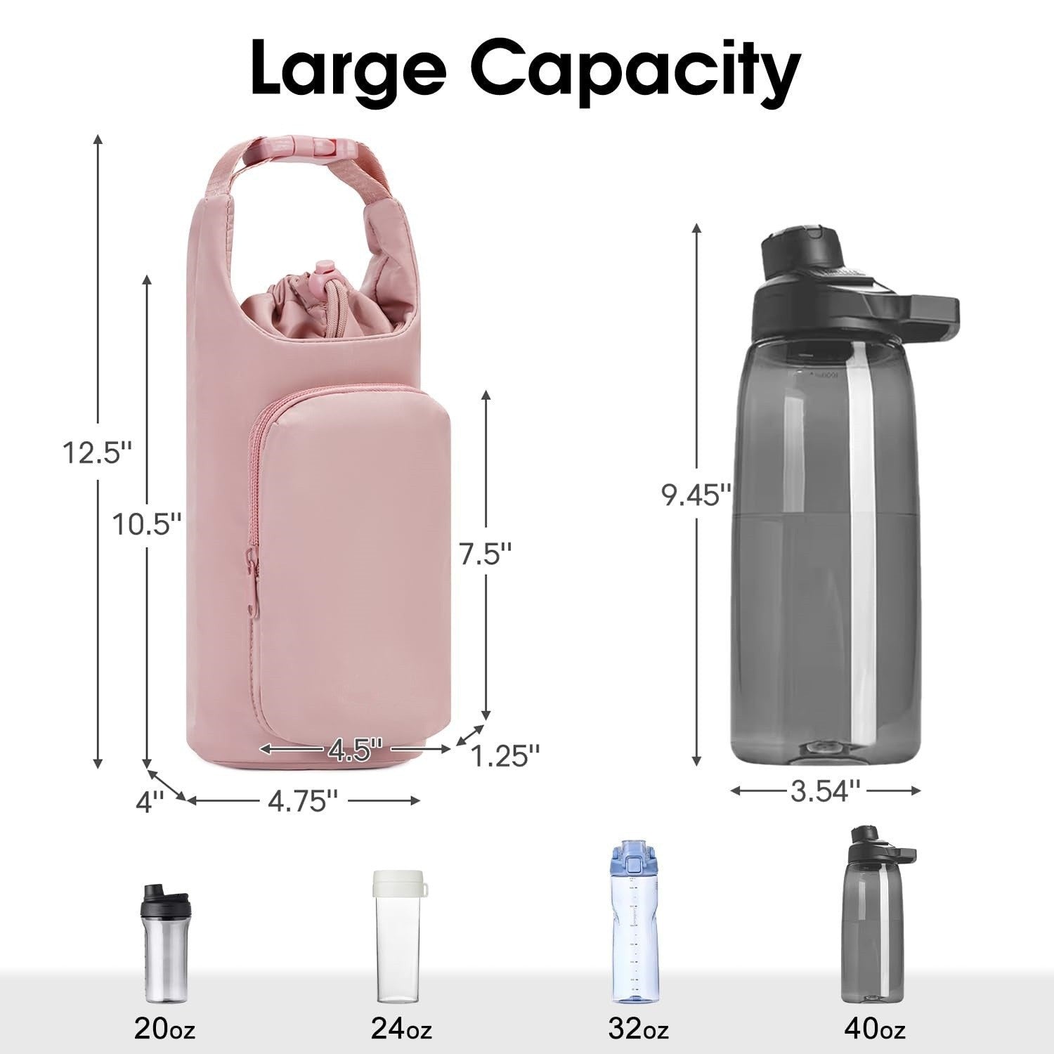 Pink Insulated Water Bottle Carrier with Shoulder Strap – Portable Sleeve for Large Bottles, Featuring Front Pocket and Key Hook