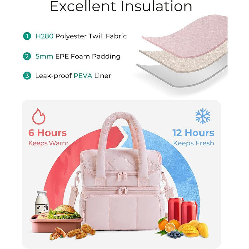 Pink Double-Layer Insulated Lunch Bag – Quilted Design with Top and Bottom Compartments, Shoulder Strap, and Smooth Two-Way Zippers