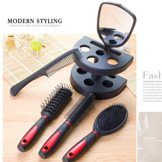 Pink 5-Piece Hair Care Set with Rotating Stand – Includes Flat Comb, Styling Brush, Massage Comb, Round Brush, and Handheld Mirror