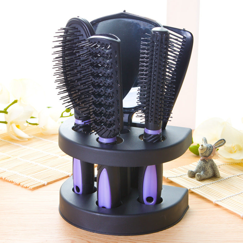 Purple 5-Piece Hair Care Set with Rotating Stand – Includes Flat Comb, Styling Brush, Massage Comb, Round Brush, and Handheld Mirror