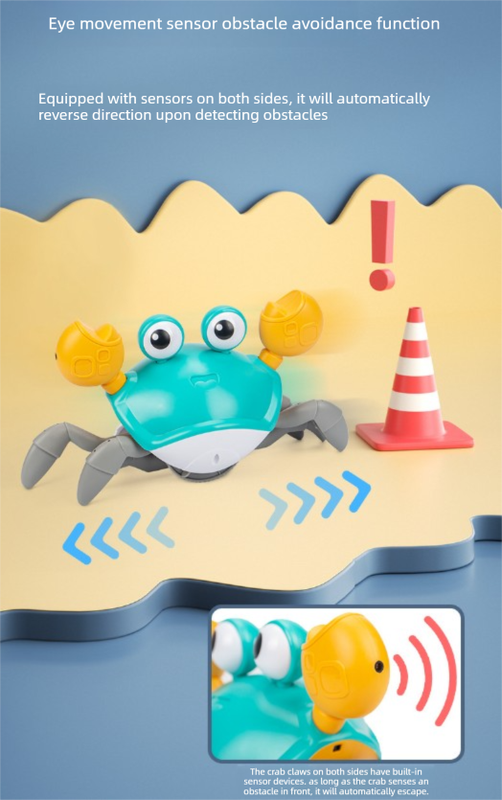 Electric Induction Crawling Crab Baby Toy Battery Operated with Silent Mode Music Off Switch Obstacle Avoidance Tummy Time Gift Sun Orange