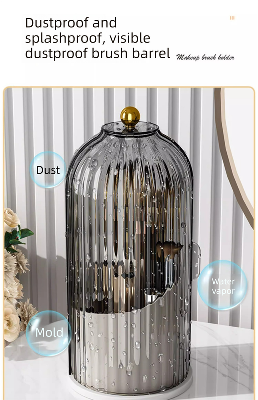 360 Degree Rotating Makeup Brush Organiser with Dustproof Lid Clear Cosmetic Storage Cylinder for Vanity Dressing Table Transparent White