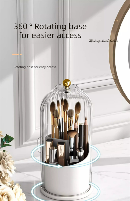 360 Degree Rotating Makeup Brush Organiser with Dustproof Lid Clear Cosmetic Storage Cylinder for Vanity Dressing Table Transparent Grey