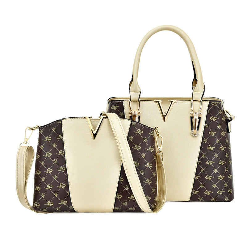 2 PCS Women's Handbag Set PU Leather Tote & Crossbody Purse Fashion Splicing Design Golden