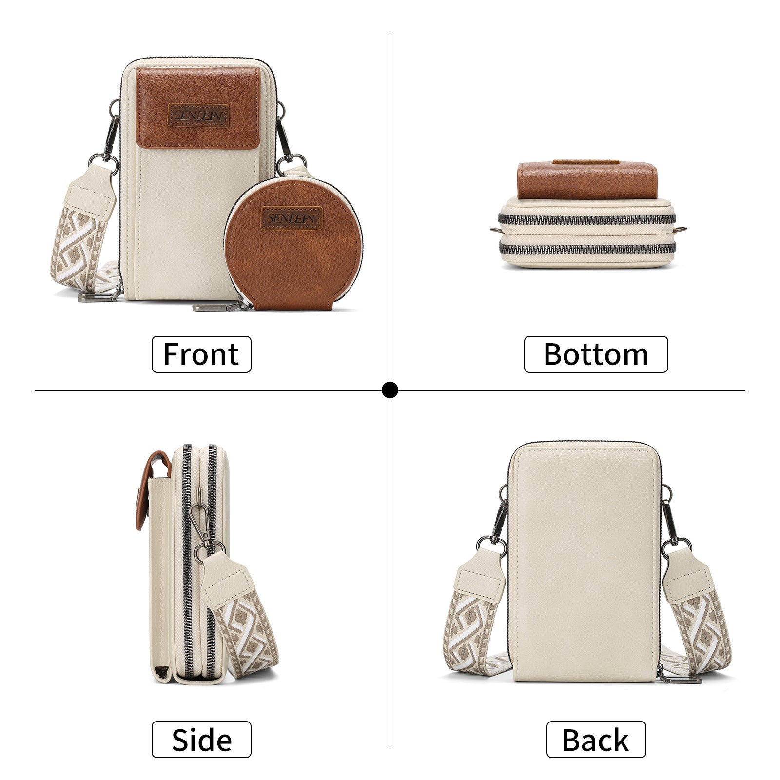 Women's Crossbody Phone Bag with Coin Pouch PU Leather Shoulder Purse Adjustable Wide Strap for Travel & Daily Use White & Brown