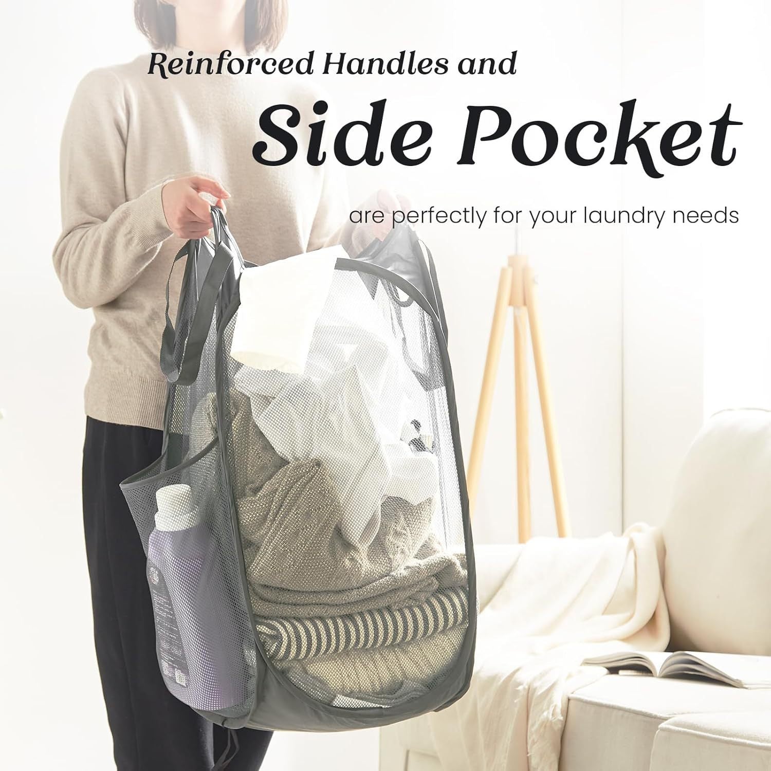 2 PCS Mesh Pop Up Laundry Hamper Collapsible Washing Basket with Side Pocket & Reinforced Handles Portable Dirty Clothes Bin for Dorm Travel & Toy Storage (Black & Grey)