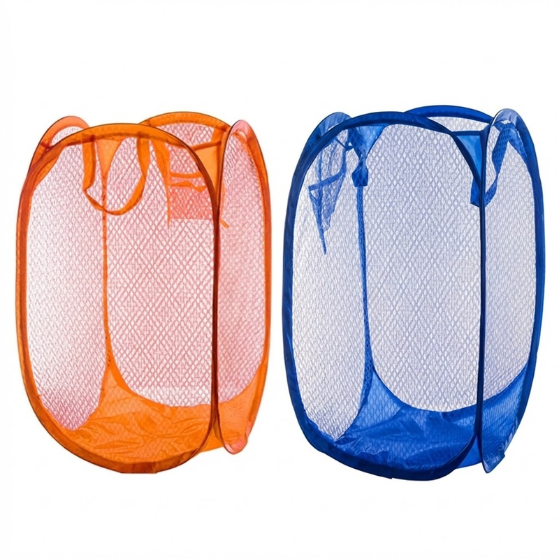 2 PCS Mesh Pop Up Laundry Hamper Collapsible Washing Basket with Side Pocket & Reinforced Handles Portable Dirty Clothes Bin for Dorm Travel & Toy Storage (Dark Blue & Orange)