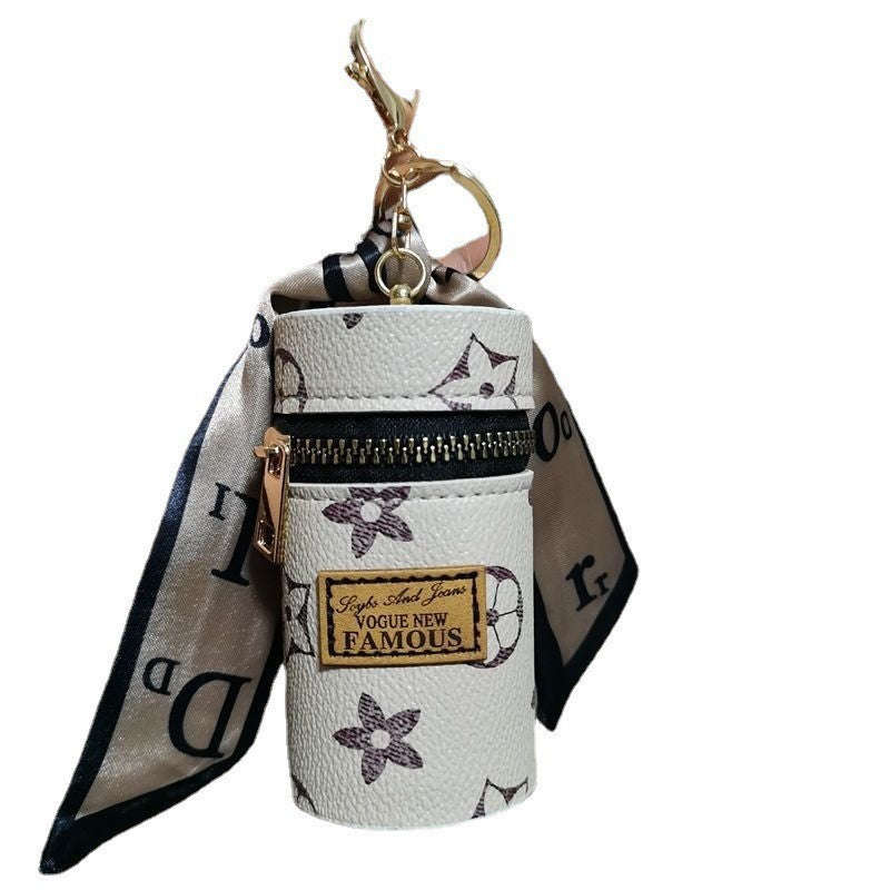 White Mini Cylinder Lipstick Case Keychain with Silk Scarf Charm PU Leather Coin Purse Bag Pendant for Earphones Keys Vintage Floral Pattern