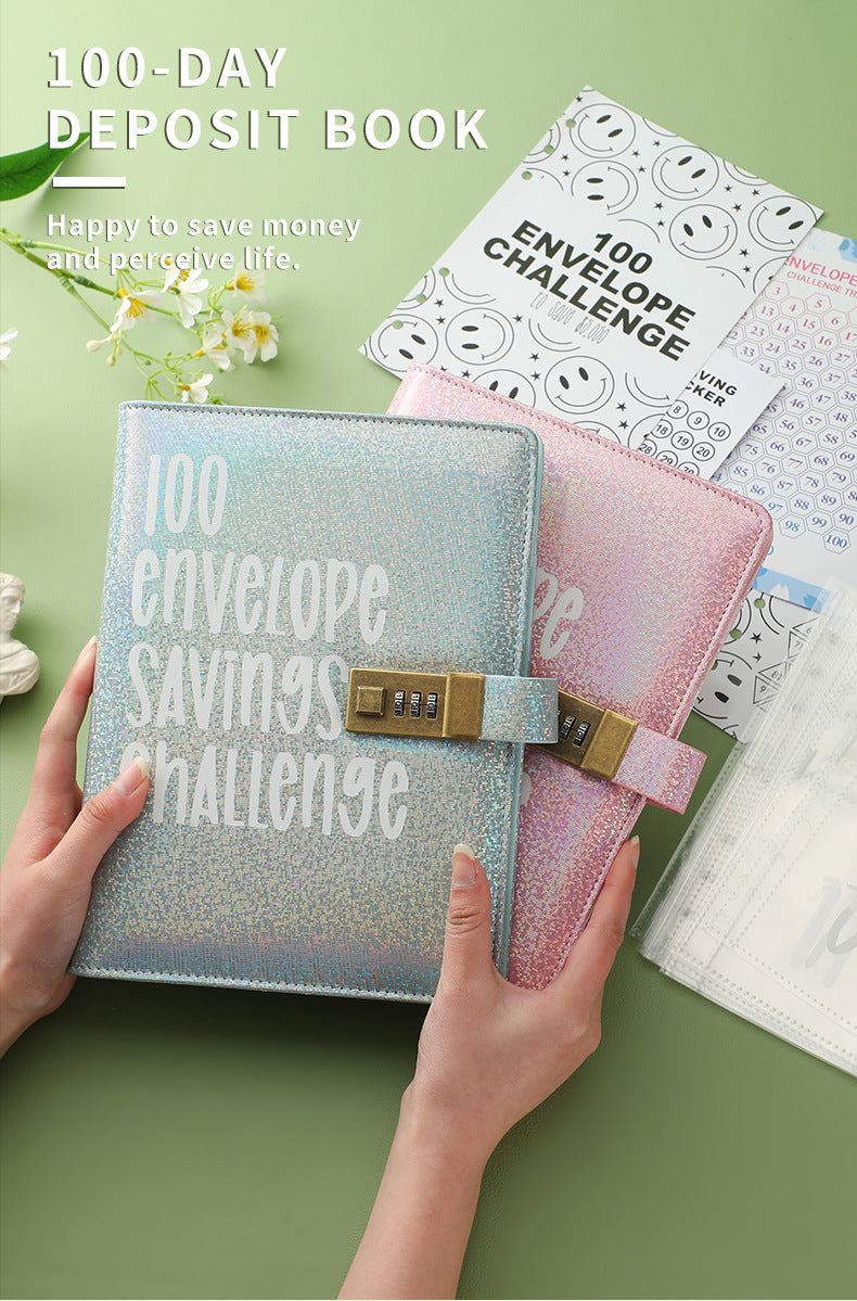 100 Envelope Savings Challenge Binder with Password Lock Holographic Yellow A5 Cash Stuffing Budget Planner Book Money Organiser for Couples (Glitter Yellow)
