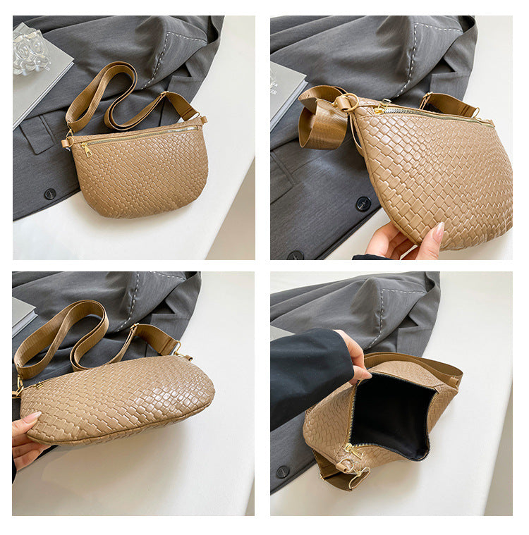 Women's Woven Crossbody Dumpling Bag Soft Vegan Leather Chest Waist Pack with Wide Adjustable Strap for Travel & Festivals (Brown)