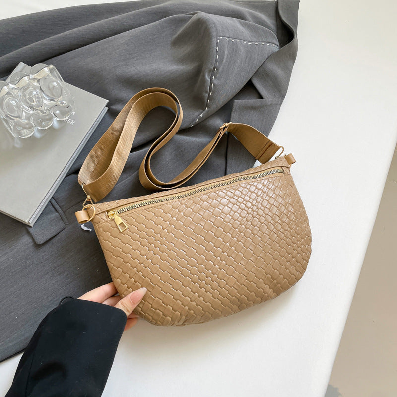 Women's Woven Crossbody Dumpling Bag Soft Vegan Leather Chest Waist Pack with Wide Adjustable Strap for Travel & Festivals (Khaki)