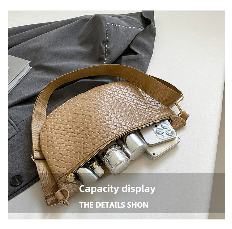 Women's Woven Crossbody Dumpling Bag Soft Vegan Leather Chest Waist Pack with Wide Adjustable Strap for Travel & Festivals (Khaki)