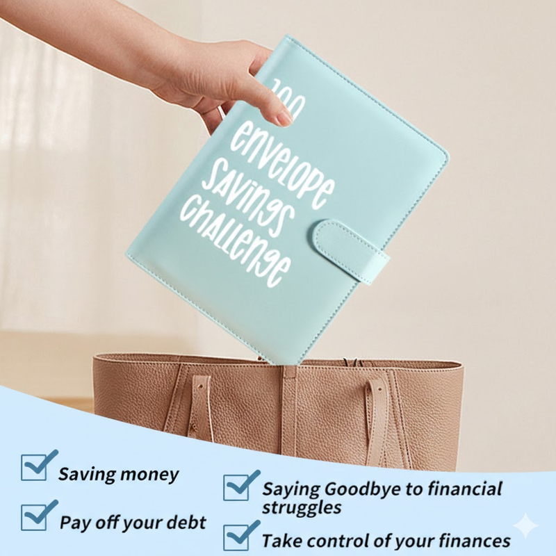 100 Envelope Savings Challenge Binder A5 Budget Planner Book PU Leather Cash Stuffing Money Organiser with Magnetic Closure & Tracker (Blue)