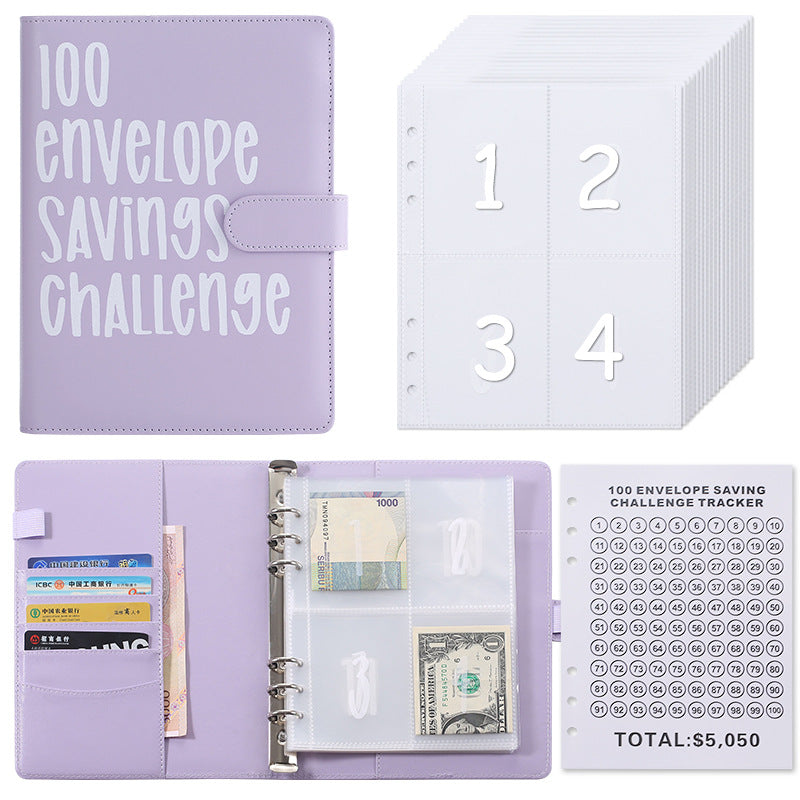 100 Envelope Savings Challenge Binder A5 Budget Planner Book PU Leather Cash Stuffing Money Organiser with Magnetic Closure & Tracker (Purple)