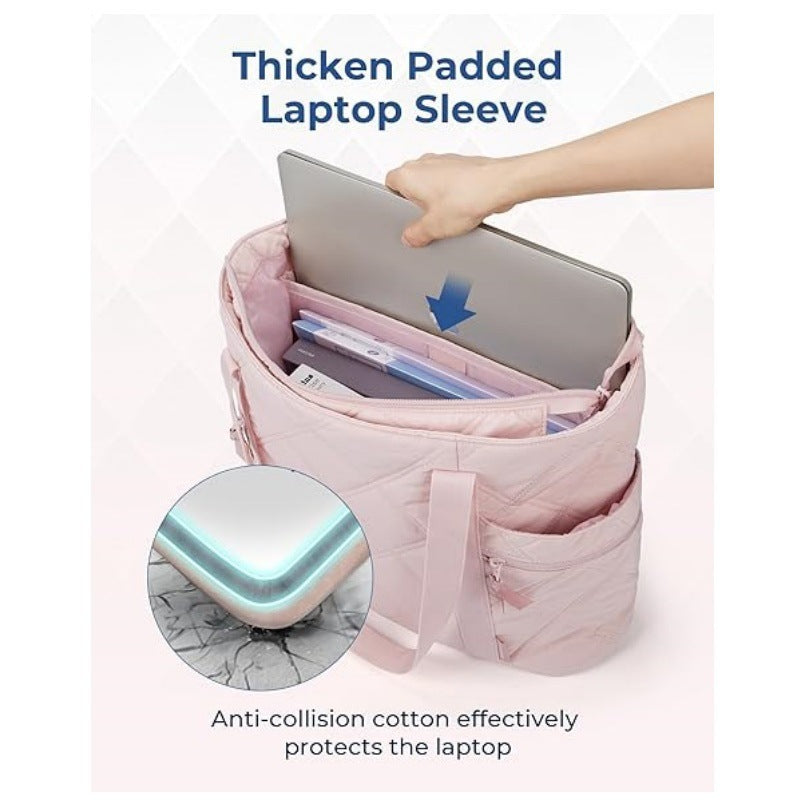 Womens Puffer Tote Bag Quilted Nylon Shoulder Handbag Large Capacity Laptop Work Travel Gym Carryall Bag with Zipper Pink