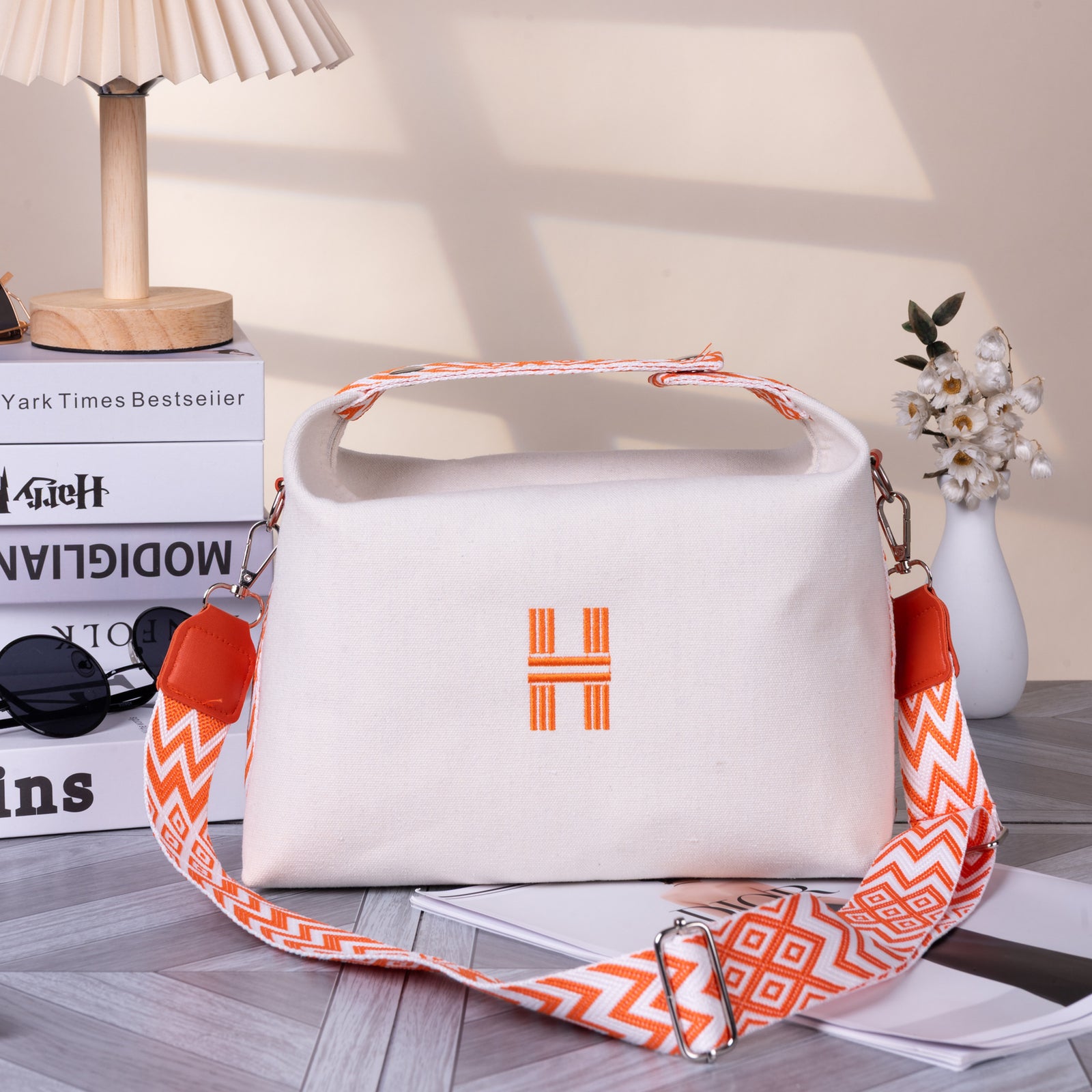 Women's Minimalist Canvas Crossbody Bag with Wide Orange Webbing Strap Casual Shoulder Handbag Large Capacity for Daily Use - Cream White