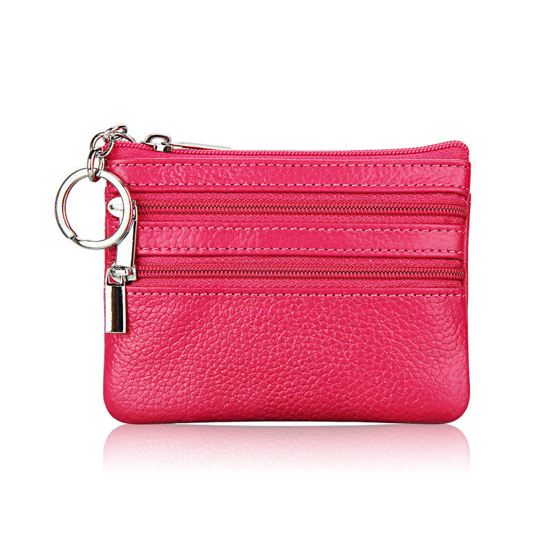 Genuine Leather Coin Purse Mini Wallet with Triple Zipper Pockets Key Ring Holder Pouch for Cash & Cards - Rose Red