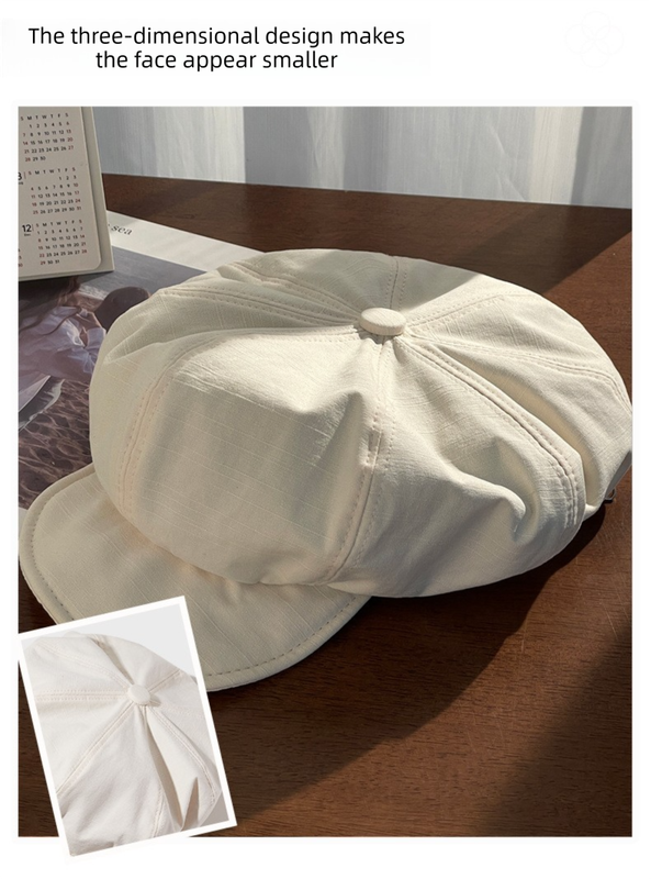 Women's Black Newsboy Cap UPF50+ Sun Protection Cotton Blend Octagonal Beret Hat - Adjustable Breathable Baker Boy Style with Cute Button Detail