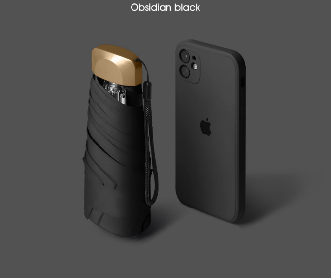 Compact Mini Pocket Umbrella UPF50+ Sun Protection Lightweight Travel Parasol - Windproof 5-Fold Rain Shade with Flat Gold Handle (Black)