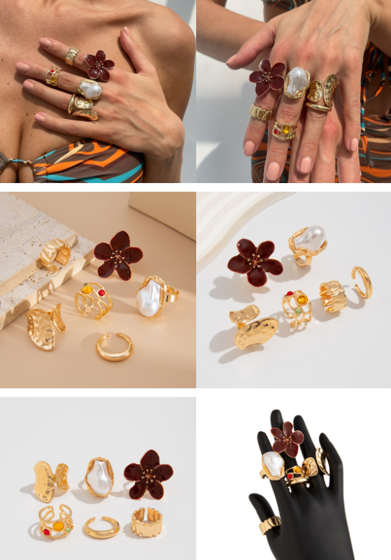 6-Piece Gold Chunky Stackable Ring Set White Enamel Flower & Baroque Pearl - Adjustable Open Finger Jewellery for Women (Light Gold)