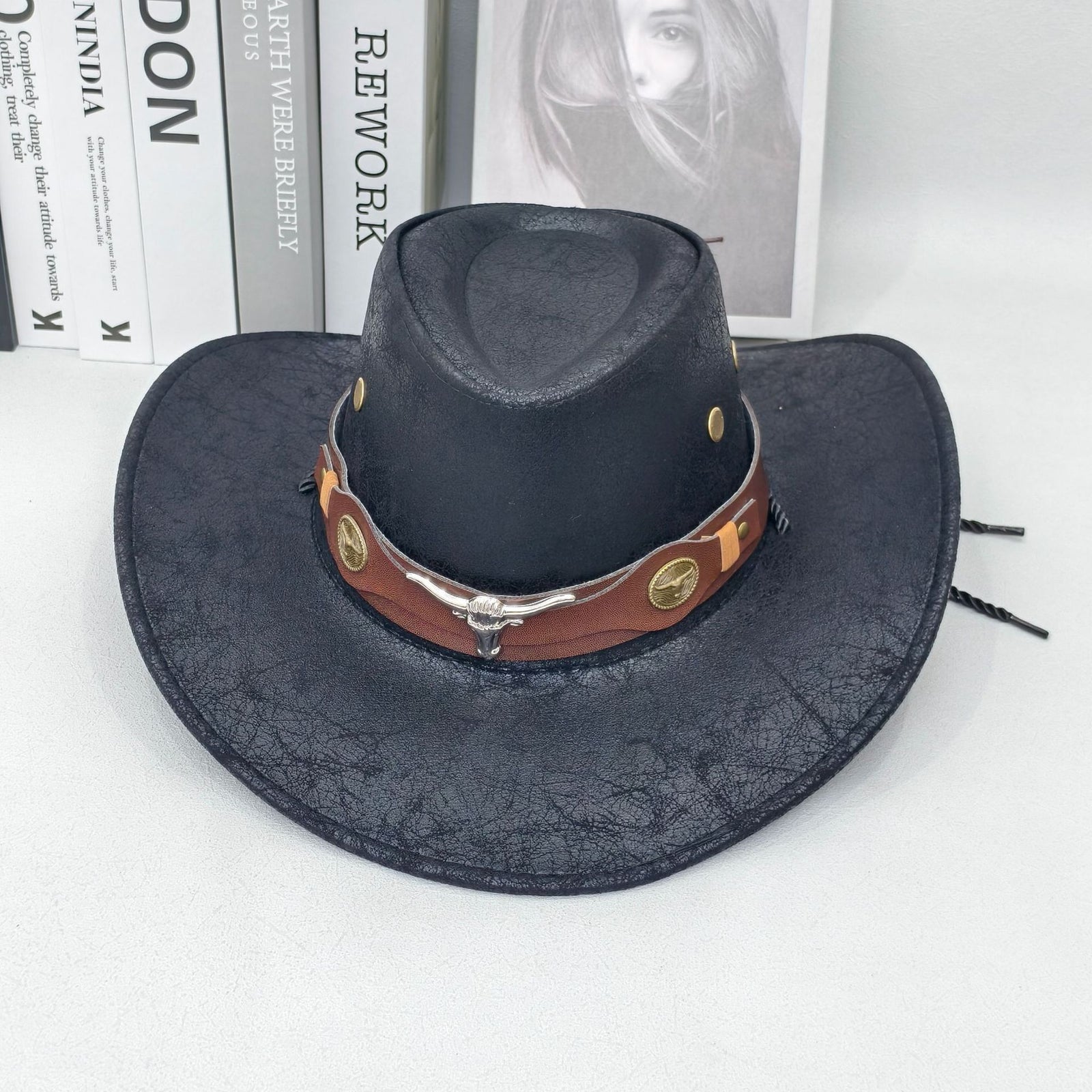Rustic Western Cowboy Hat - Distressed Faux Leather Look Wide Brim Outback Sun Hat with Bull Head Emblem for Men & Women (Black)