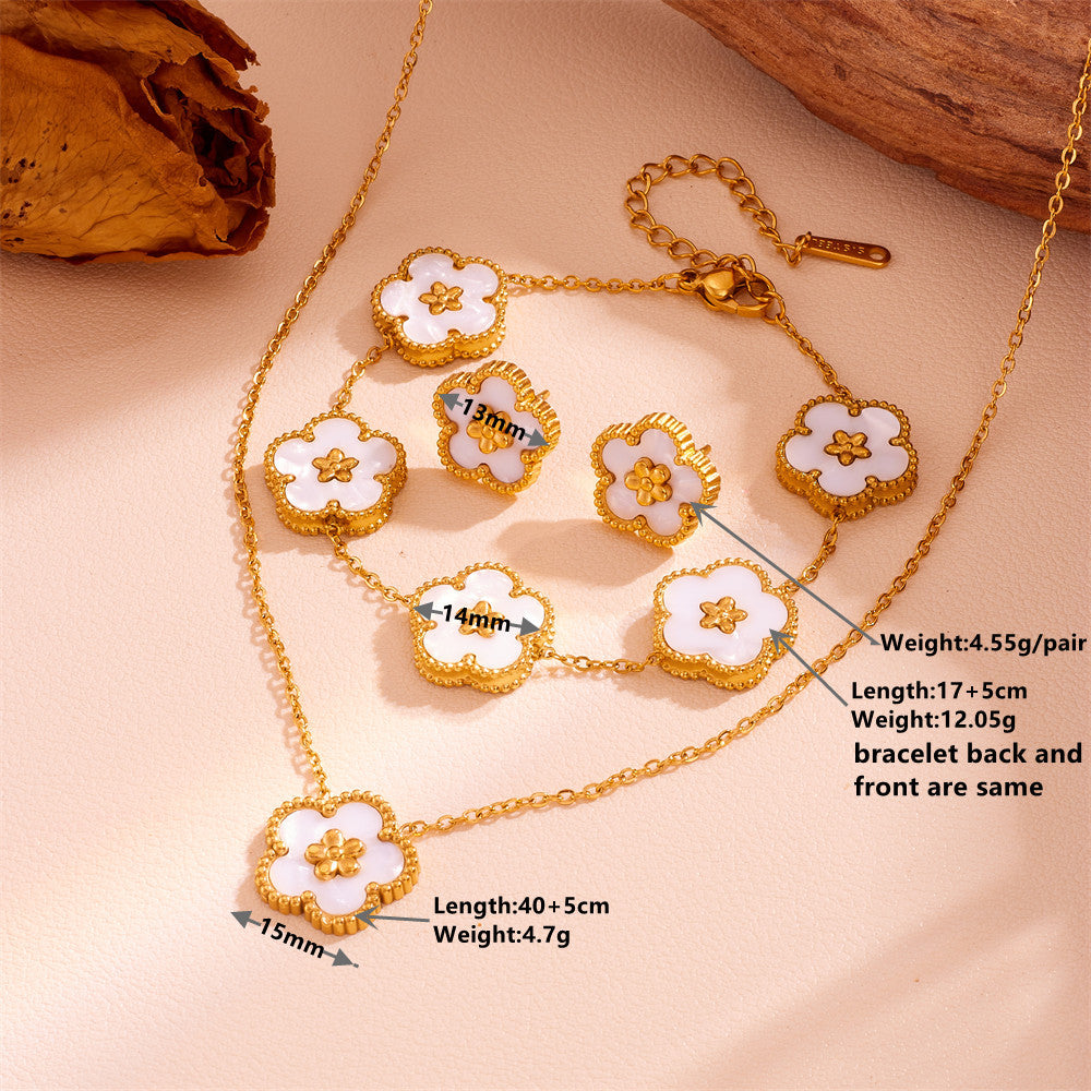 3-Piece Floral Jewellery Set (Black Shell Style) - Gold Plated Stainless Steel 5-Petal Flower Necklace, Bracelet & Earrings - Tarnish Free & Hypoallergenic Gift for Women