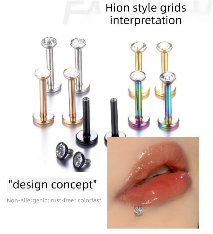 2 PCS Internally Threaded Labret Studs - 16G 8mm Stainless Steel Flat Back with 3mm CZ Crystal - Rose Gold Tone Body Piercing for Lip Tragus Helix