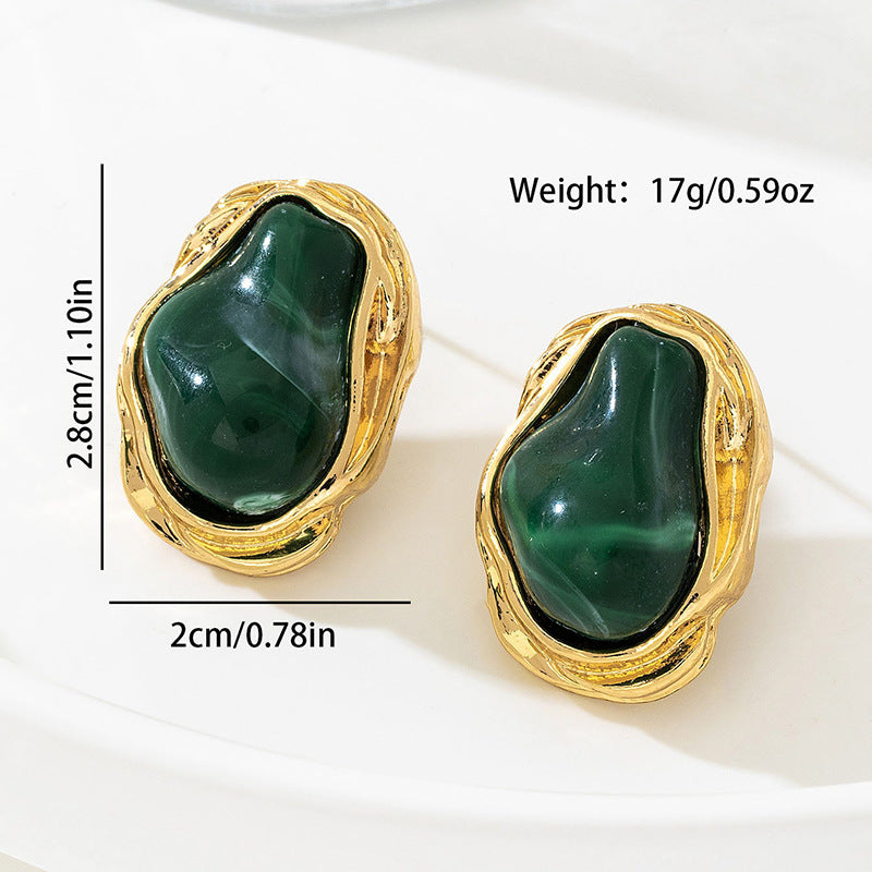 A Pair of Vintage Baroque Statement Earrings - Chunky Gold Tone Irregular Studs with Light Green Faux Stone - Stainless Steel Pin Fashion Jewellery for Women