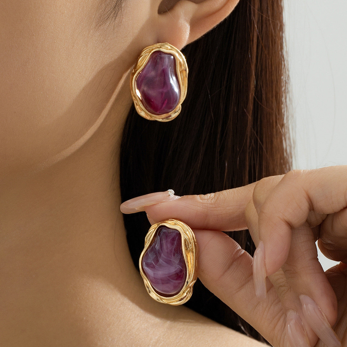 A Pair of Vintage Baroque Statement Earrings - Chunky Gold Tone Irregular Studs with Light Green Faux Stone - Stainless Steel Pin Fashion Jewellery for Women