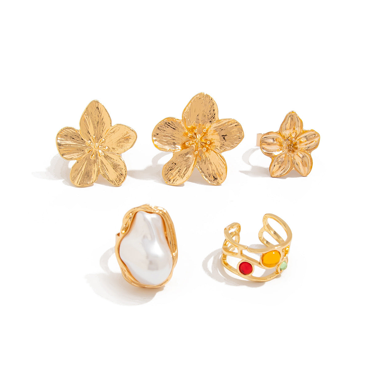5-Piece Molten Gold Tone Ring Set - Vintage Baroque Flowers, Large Faux Pearl & Colourful Gem Cuff - Adjustable Boho Stackable Jewellery