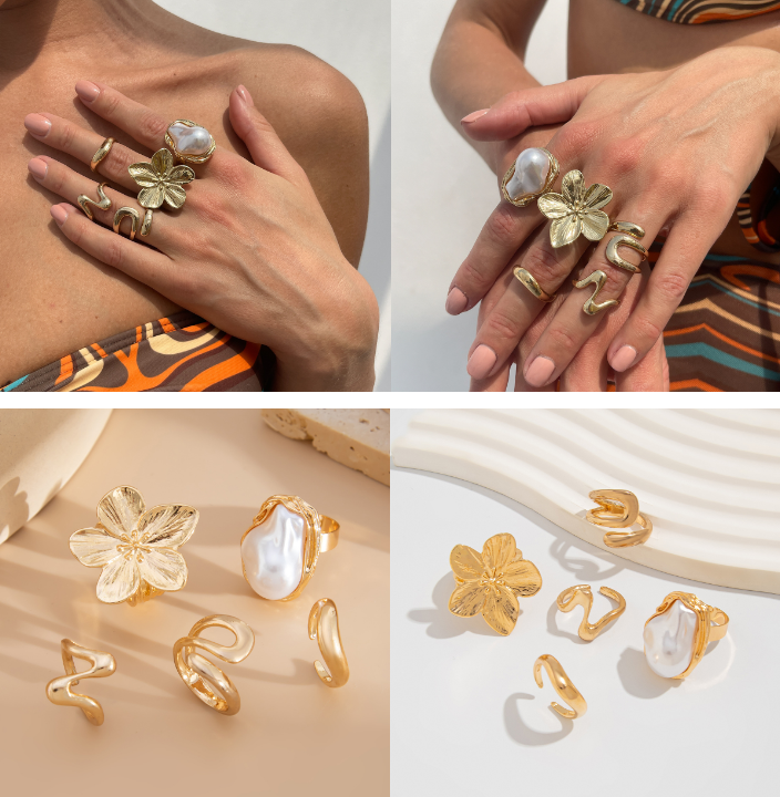 5 PCS Liquid Gold Tone Ring Set - Baroque Faux Pearl, Textured Flower & Abstract Wave Bands - Adjustable Boho Stackable Jewellery