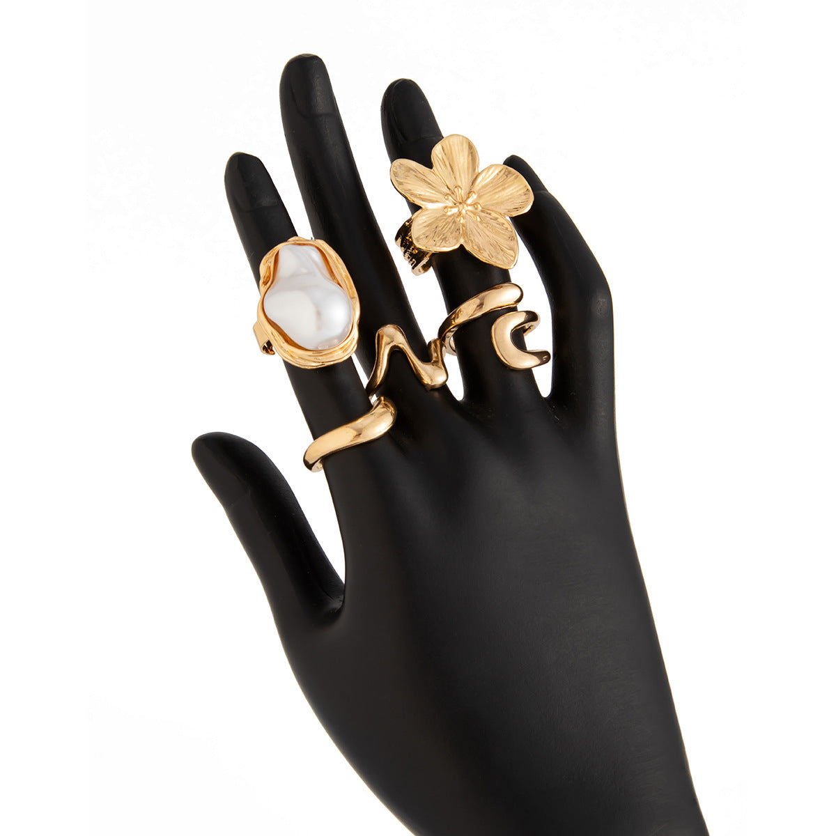 5 PCS Liquid Gold Tone Ring Set - Baroque Faux Pearl, Textured Flower & Abstract Wave Bands - Adjustable Boho Stackable Jewellery