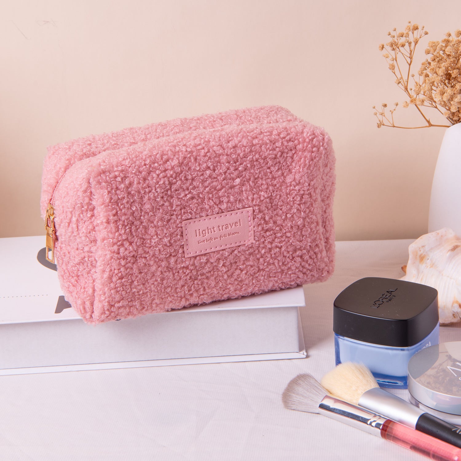 Small Pink Teddy Fleece Cosmetic Bag - Compact Soft Sherpa Makeup Pouch - Daily Purse Organiser for Lipstick & Essentials (18cm)