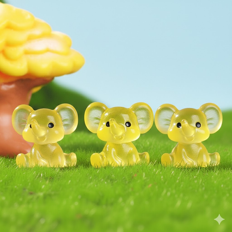 3 PCS Set Mini Luminous Yellow Elephant Figurines Split Pose Glow in the Dark Resin Ornaments for Micro Landscape Garden and Desk Decor