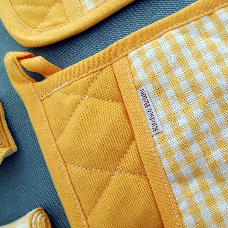3-Piece Yellow Gingham Cotton Kitchen Linen Set - Reversible Placemat, Fringed Napkin & Quilted Pot Holder - Yarn Dyed Checkered Dining Bundle