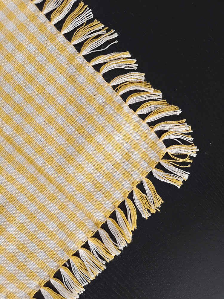 3-Piece Yellow Gingham Cotton Kitchen Linen Set - Reversible Placemat, Fringed Napkin & Quilted Pot Holder - Yarn Dyed Checkered Dining Bundle