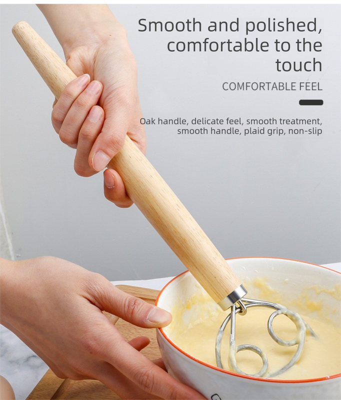 Double Loop Danish Dough Whisk with Long Oak Handle - 13 Inch Stainless Steel Bread Mixer Tool for Sourdough & Heavy Batter - Hand Held Flour Blender (Two Eye Design)