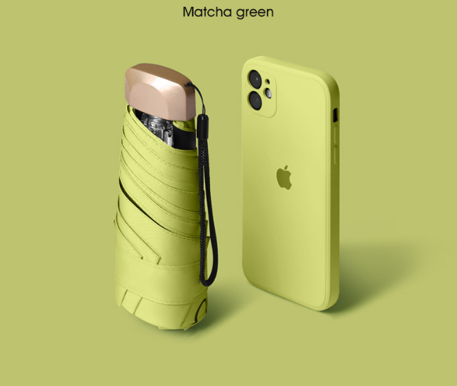 Compact Mini Pocket Umbrella UPF50+ Sun Protection Lightweight Travel Parasol - Windproof 5-Fold Rain Shade with Flat Gold Handle (Matcha Green)