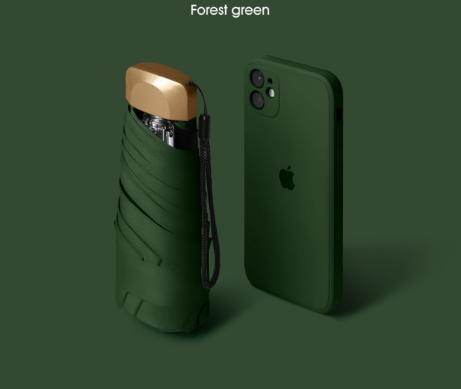 Compact Mini Pocket Umbrella UPF50+ Sun Protection Lightweight Travel Parasol - Windproof 5-Fold Rain Shade with Flat Gold Handle (Forest Green)