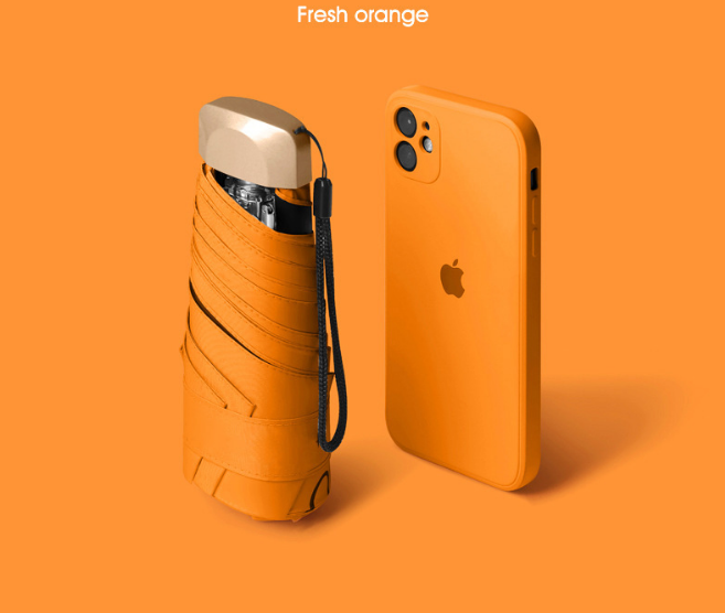 Compact Mini Pocket Umbrella UPF50+ Sun Protection Lightweight Travel Parasol - Windproof 5-Fold Rain Shade with Flat Gold Handle (Fresh Orange )