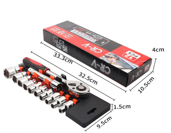 12 Piece 1/2 Inch Drive Ratchet and Metric Socket Wrench Set Heavy Duty Mechanics Tool Kit for Automotive Repair and Industrial Maintenance