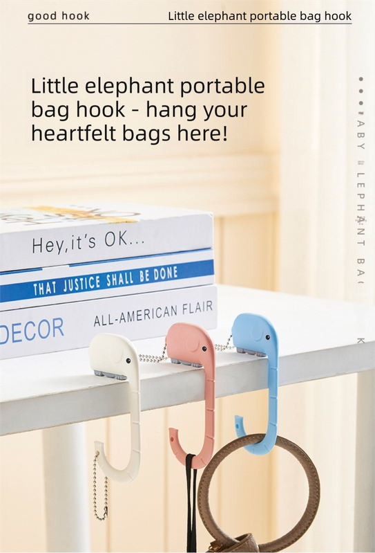 Cartoon Elephant Desk Side Bag Hook White Portable Adhesive Schoolbag Hanger No-Drill Movable Table Hook for Students and Office