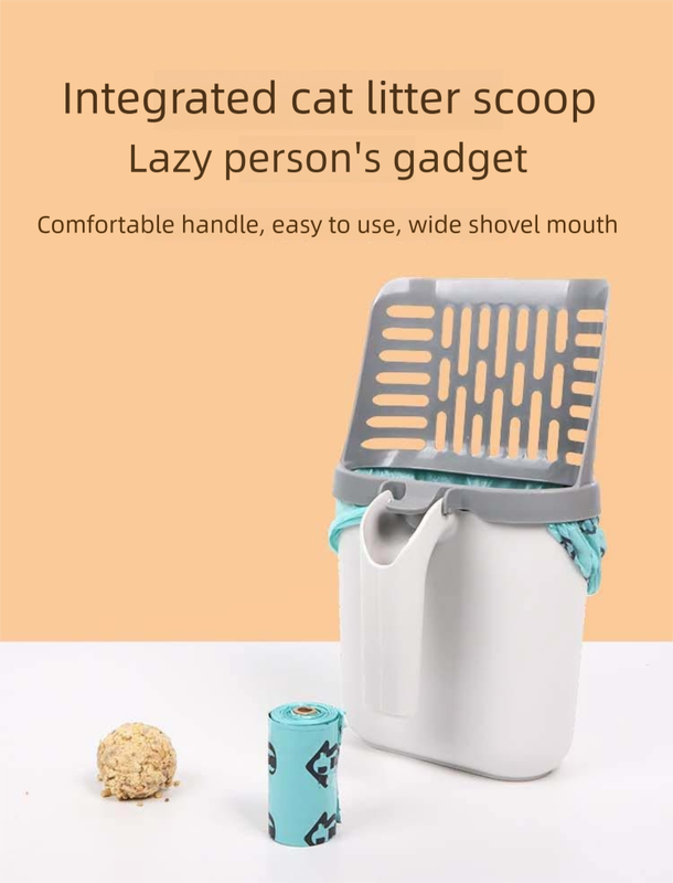 2-in-1 Cat Litter Scoop with Integrated Waste Bin & 1 Roll Refill Bags Detachable Sifter Shovel Anti-Reflux Baffle Grey
