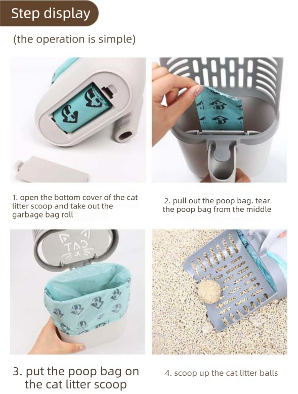 2-in-1 Cat Litter Scoop with Integrated Waste Bin & 1 Roll Refill Bags Detachable Sifter Shovel Anti-Reflux Baffle Grey