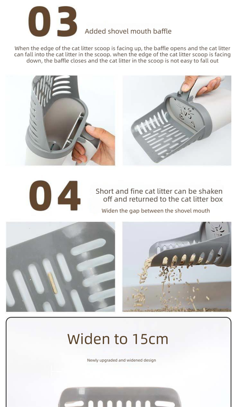 2-in-1 Cat Litter Scoop with Integrated Waste Bin & 2 Rolls Refill Bags Detachable Sifter Shovel Anti-Reflux Baffle Grey